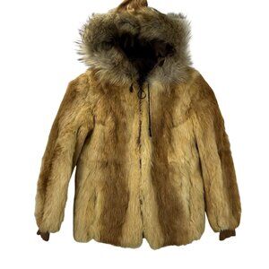 1970s Vintage Women's Size Small Chestnut Hooded Zip Up Real Fur Jacket Coat
